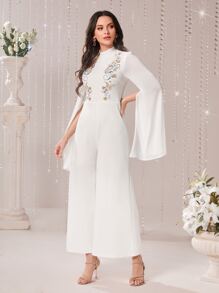 Modelyn 花卉刺繡開衩袖闊腿連體褲 - 白色 - 查看 3