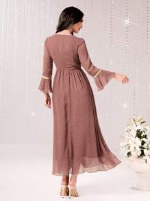 Modelyn 圓點膠帶細節荷葉袖洋裝 - 紅木色 - 查看 2