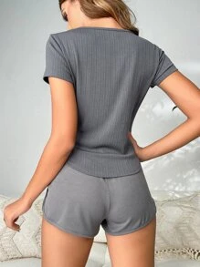 Ribbed Knit Tee & Tie Front Shorts Lounge Set - Grey - View 2