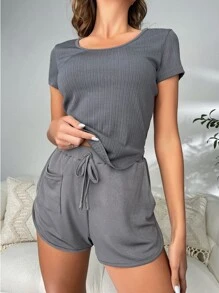 Ribbed Knit Tee & Tie Front Shorts Lounge Set - Grey - View 6