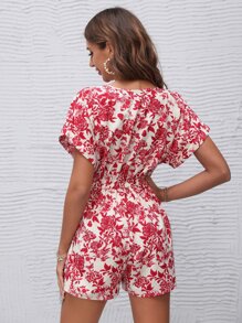 SHEIN VCAY Áo liền quần nữ Thắt nút Trọn gói Hoa Boho - Đỏ và trắng - Xem 3
