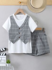 Boys Plaid Print 2 In 1 Tee & Shorts - Multicolor - View 1