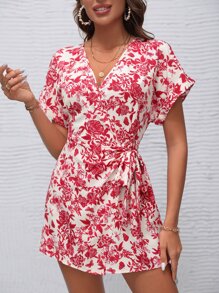 SHEIN VCAY Áo liền quần nữ Thắt nút Trọn gói Hoa Boho - Đỏ và trắng - Xem 5