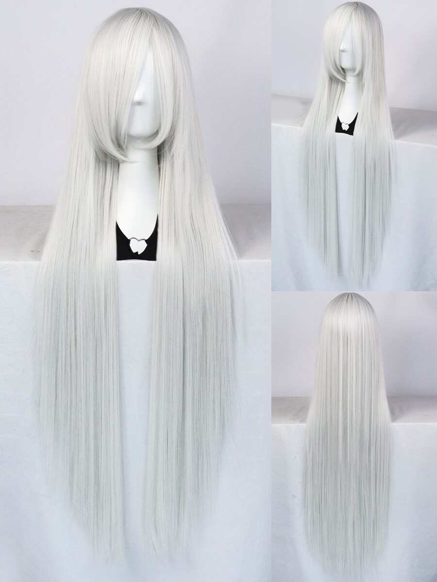 Slant Bangs Anime Costume Wig Silky Straight Extra Long White Synthetic Glueless Heat Resistant Fiber Wig High Density Cosplay Wig With Long Bangs School Halloween Thanksgiving Day Christmas Costume Accessories & 1pc Wig Cap - White - View 1
