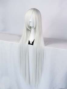 Slant Bangs Anime Costume Wig Silky Straight Extra Long White Synthetic Glueless Heat Resistant Fiber Wig High Density Cosplay Wig With Long Bangs School Halloween Thanksgiving Day Christmas Costume Accessories & 1pc Wig Cap - White - View 3