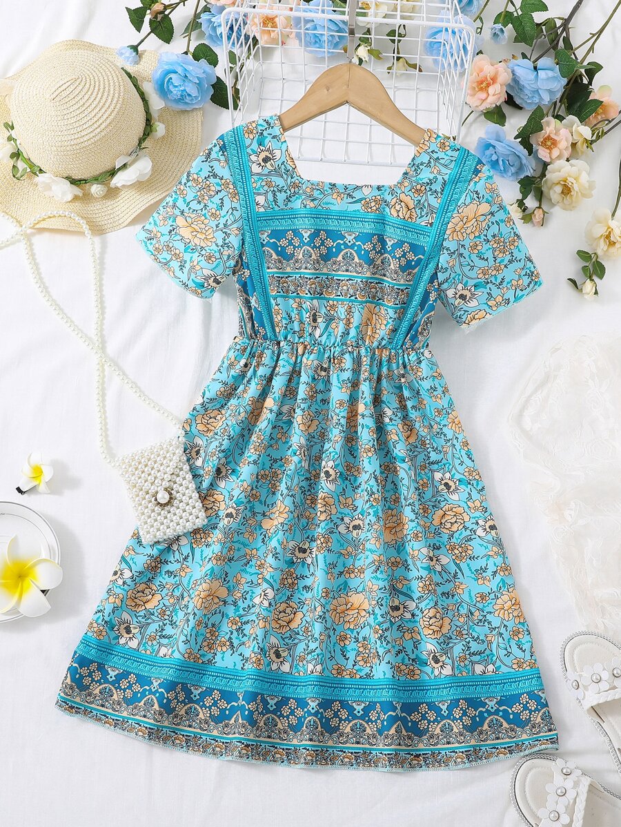 SHEIN Đầm bé gái Hoa Tất cả trên in Boho - Màu xanh lam - Xem 1