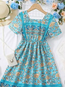 SHEIN Đầm bé gái Hoa Tất cả trên in Boho - Màu xanh lam - Xem 3