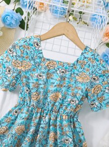 SHEIN Đầm bé gái Hoa Tất cả trên in Boho - Màu xanh lam - Xem 5