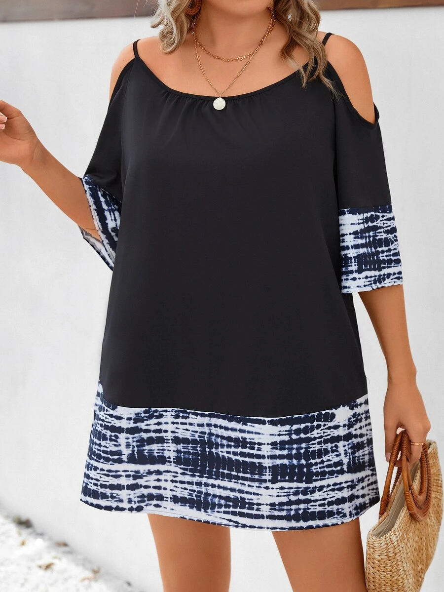 SHEIN LUNE Vestido de tie dye de hombros descubiertos - Negro - Ver 1