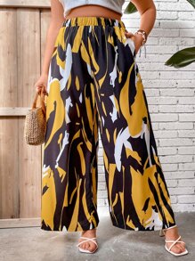 SHEIN LUNE Plus Graphic Print Wide Leg Trousers - Multicolor - View 1