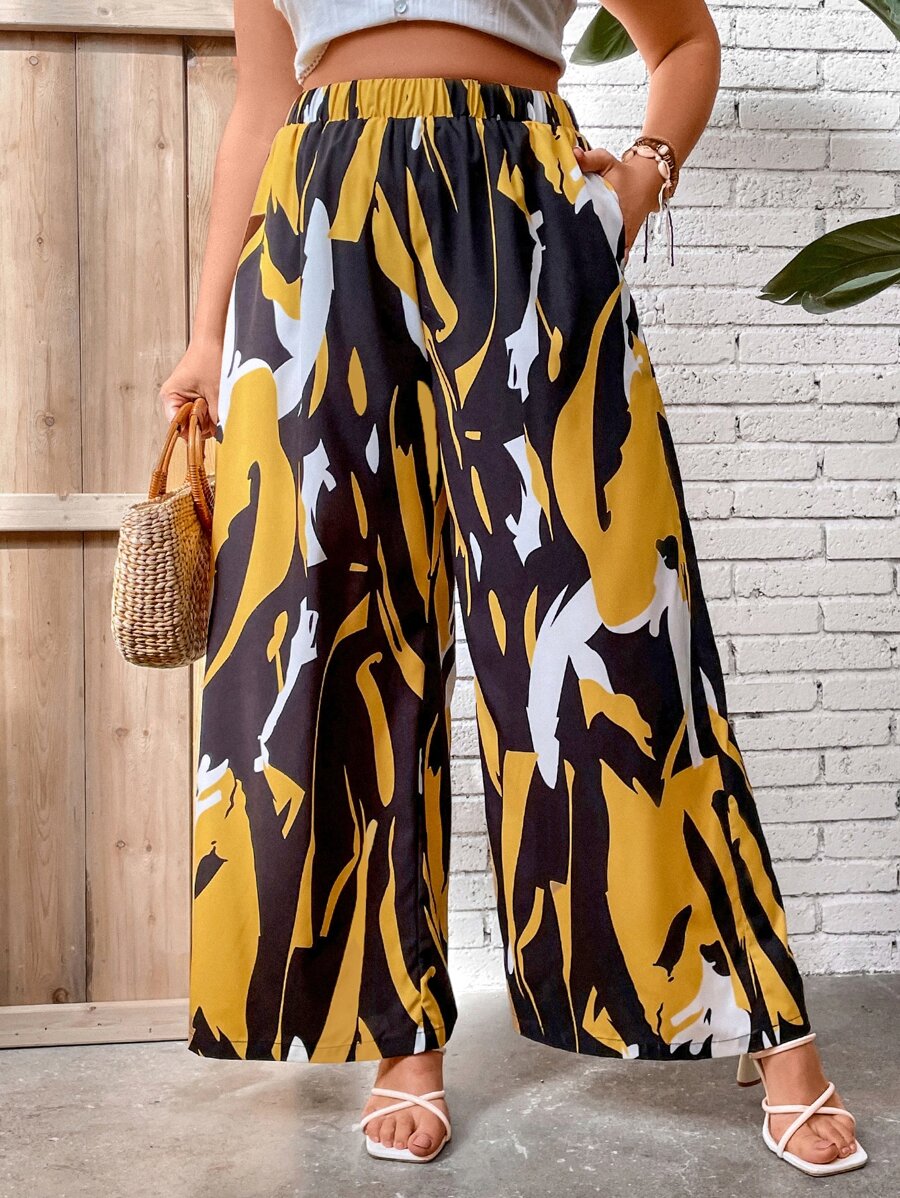 SHEIN LUNE Plus Graphic Print Wide Leg Trousers - Multicolor - View 1