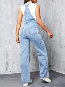 Slant Pocket Denim Dungarees Without Top - Light Wash - View 2
