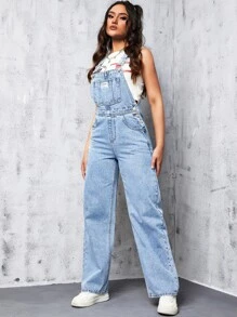 Slant Pocket Denim Dungarees Without Top - Light Wash - View 5