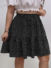 Dreamara Plus Size Boho Polka Dot Ruffle Hem Skirt - Black - View 1