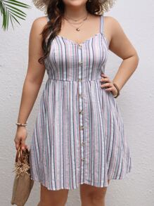 Dreamara 大碼條紋圖案前紐扣吊帶洋裝 - 彩色 - 查看 1