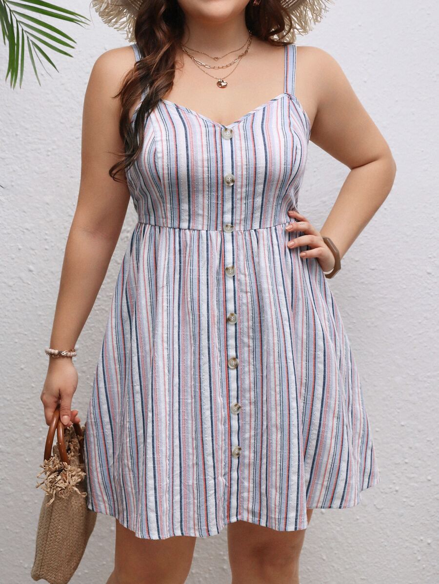 Dreamara 大碼條紋圖案前紐扣吊帶洋裝 - 彩色 - 查看 1