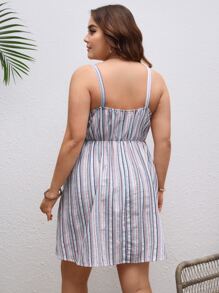Dreamara 大碼條紋圖案前紐扣吊帶洋裝 - 彩色 - 查看 2