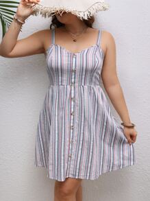 Dreamara 大碼條紋圖案前紐扣吊帶洋裝 - 彩色 - 查看 3