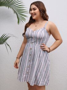 Dreamara 大碼條紋圖案前紐扣吊帶洋裝 - 彩色 - 查看 5
