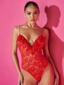 SHEIN BAE Floral Lace Cami Bodysuit - Red - View 3