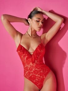 SHEIN BAE Floral Lace Cami Bodysuit - Red - View 5