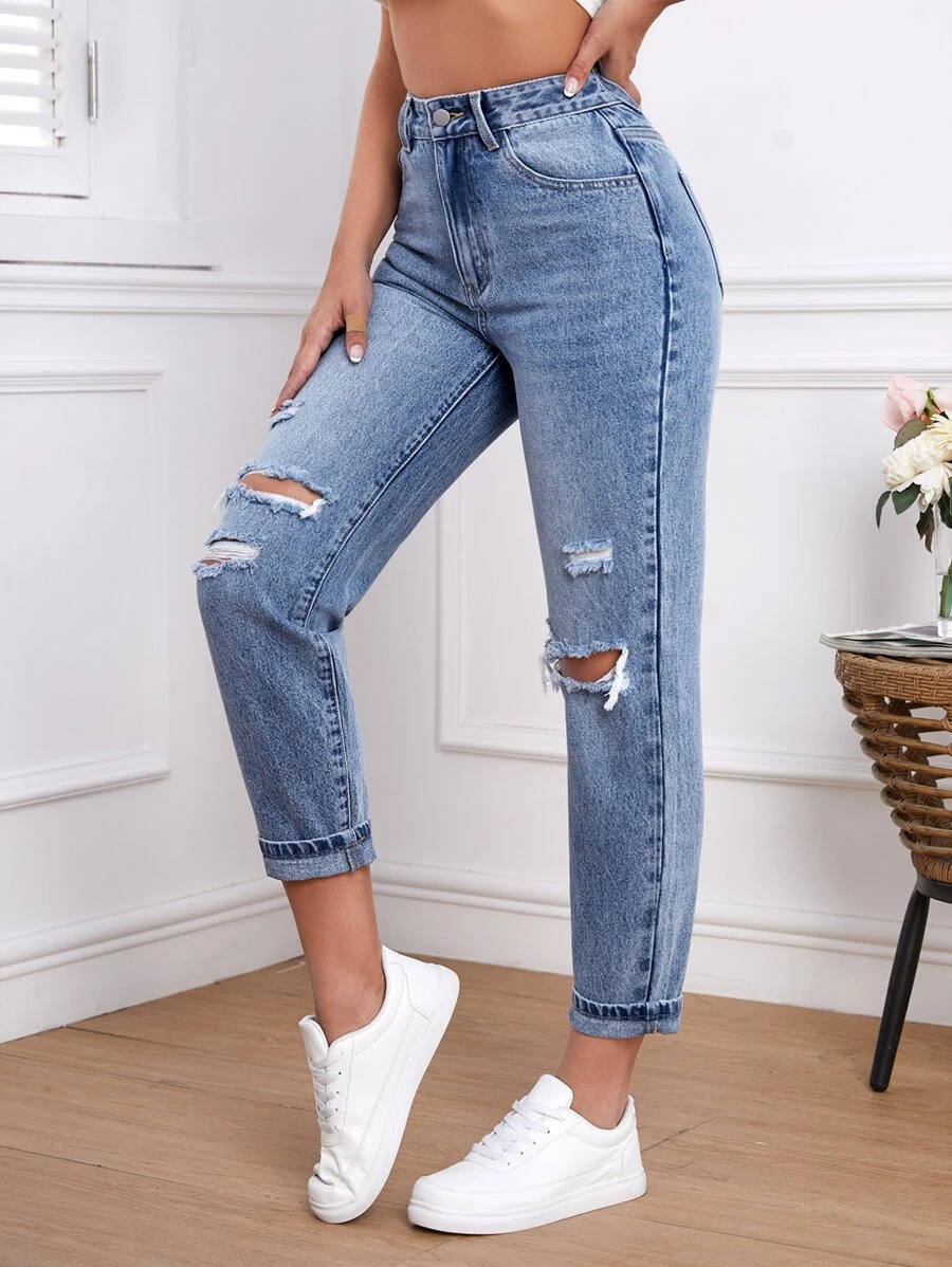 High Waist Ripped Jeans - Medium Wash - View 1