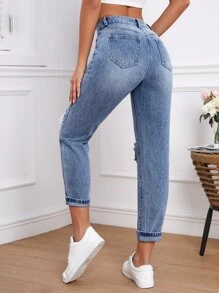 High Waist Ripped Jeans - Medium Wash - View 2