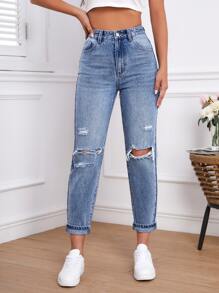 High Waist Ripped Jeans - Medium Wash - View 3