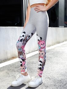 SHEIN Leap Crew 青春女孩針織休閑長款卡通圖案打底褲 - 淺灰色 - 查看 3