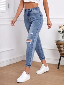 High Waist Ripped Jeans - Medium Wash - View 5