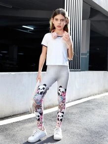 SHEIN Leap Crew 青春女孩針織休閑長款卡通圖案打底褲 - 淺灰色 - 查看 5