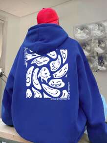 Manfinity Men Cartoon Face Print Drawstring Thermal Lined Hoodie - Blue - View 1