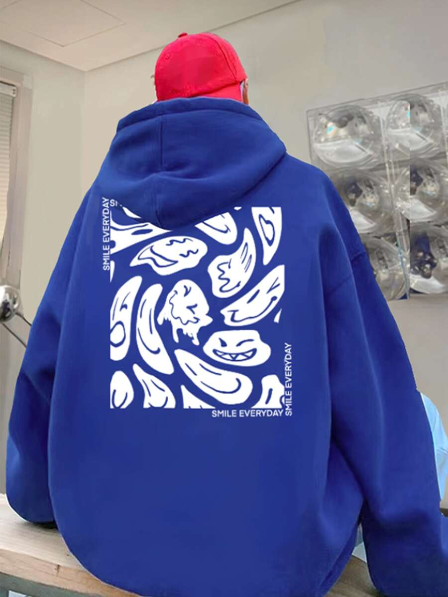 Manfinity Men Cartoon Face Print Drawstring Thermal Lined Hoodie - Blue - View 1