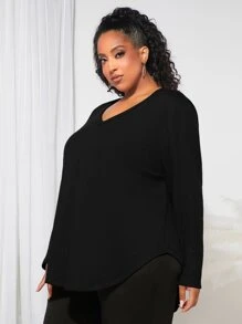 SHEIN CURVE+ Plus Waffle Knit Curved Hem Tee - Black - View 4