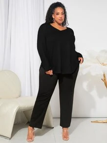 SHEIN CURVE+ Plus Waffle Knit Curved Hem Tee - Black - View 6