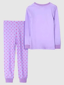 Girls Cartoon & Slogan Graphic Snug Fit PJ Set - Lilac Purple - View 2