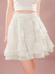 ROMWE Váy nữ Viên lá sen phân lớp màu trơn Giải trí - Màu be - Xem 7