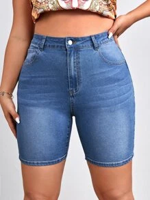 SHEIN Essnce Plus Skinny Denim Shorts - Medium Wash - View 1