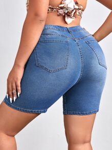SHEIN Essnce Plus Skinny Denim Shorts - Medium Wash - View 2