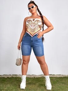 SHEIN Essnce Plus Skinny Denim Shorts - Medium Wash - View 4