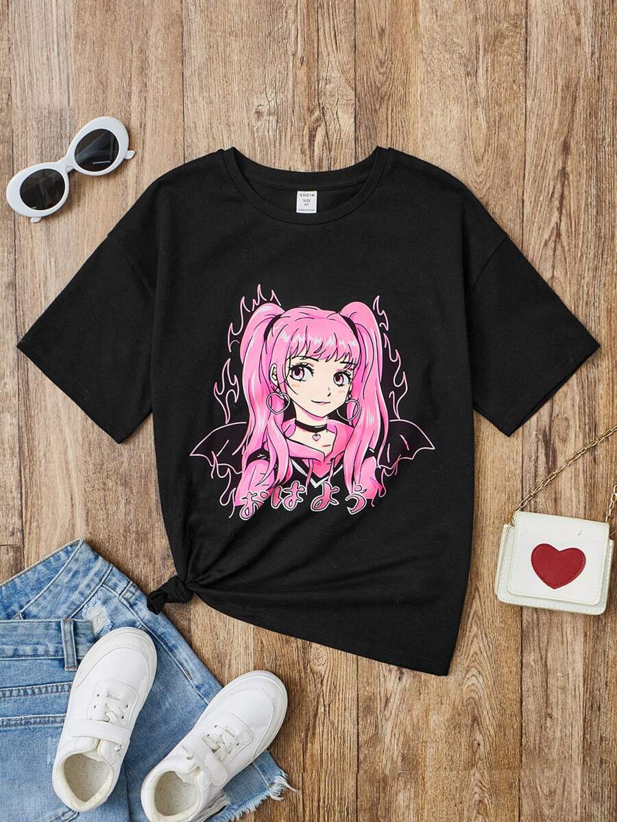 SHEIN Girls Figure Graphic Tee - Black - View 1