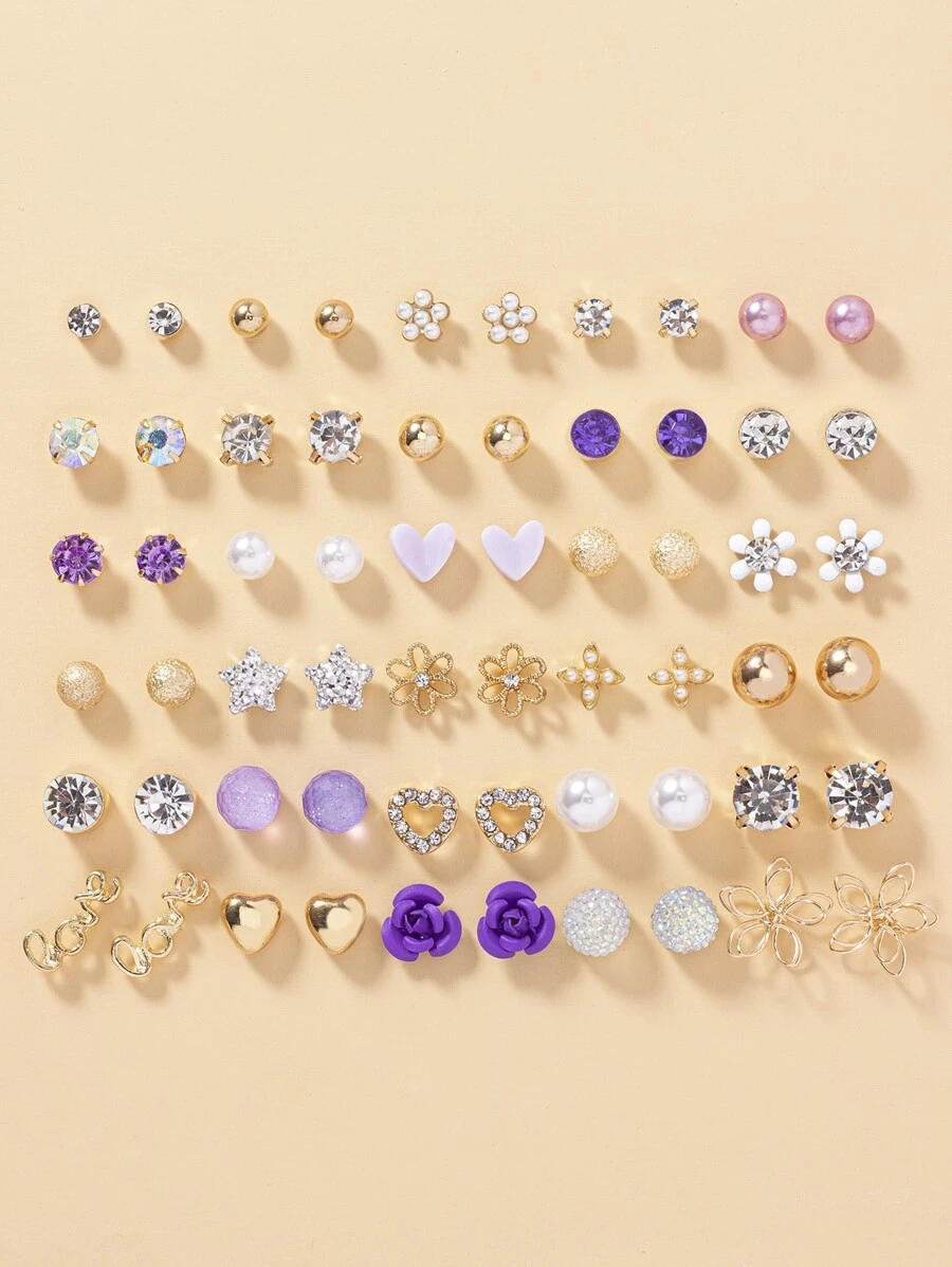 30pairs Rhinestone & Flower Decor Stud Earrings - Multicolor - View 1