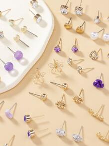 30pairs Rhinestone & Flower Decor Stud Earrings - Multicolor - View 3