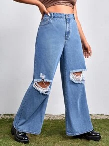 SHEIN EZwear Jeans desgarro de pierna ancha de talle alto - Azul lavado medio - Ver 4