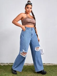 SHEIN EZwear Jeans desgarro de pierna ancha de talle alto - Azul lavado medio - Ver 3