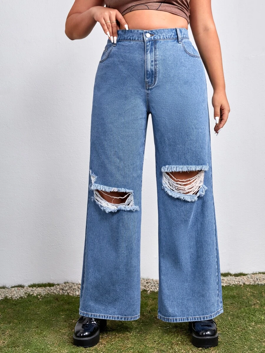 SHEIN EZwear Jeans desgarro de pierna ancha de talle alto - Azul lavado medio - Ver 1