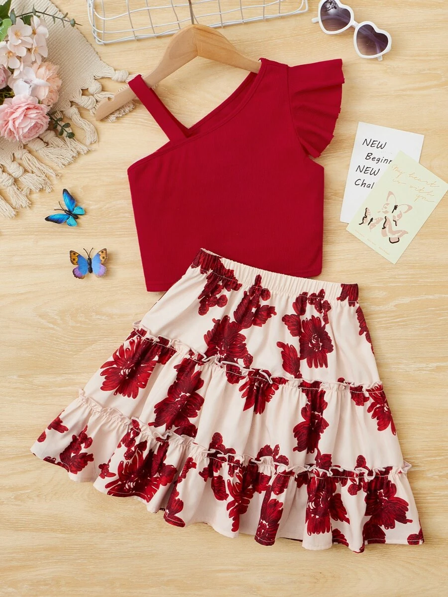 SHEIN Girls Asymmetrical Neck Ruffle Trim Top & Floral Print Skirt - Multicolor - View 1