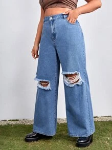 SHEIN EZwear Jeans desgarro de pierna ancha de talle alto - Azul lavado medio - Ver 5