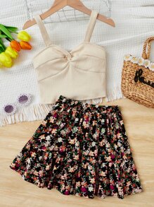 SHEIN 女孩條紋針織扭結吊帶上衣和印花半身裙