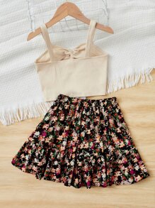 SHEIN 女孩條紋針織扭結吊帶上衣和印花半身裙